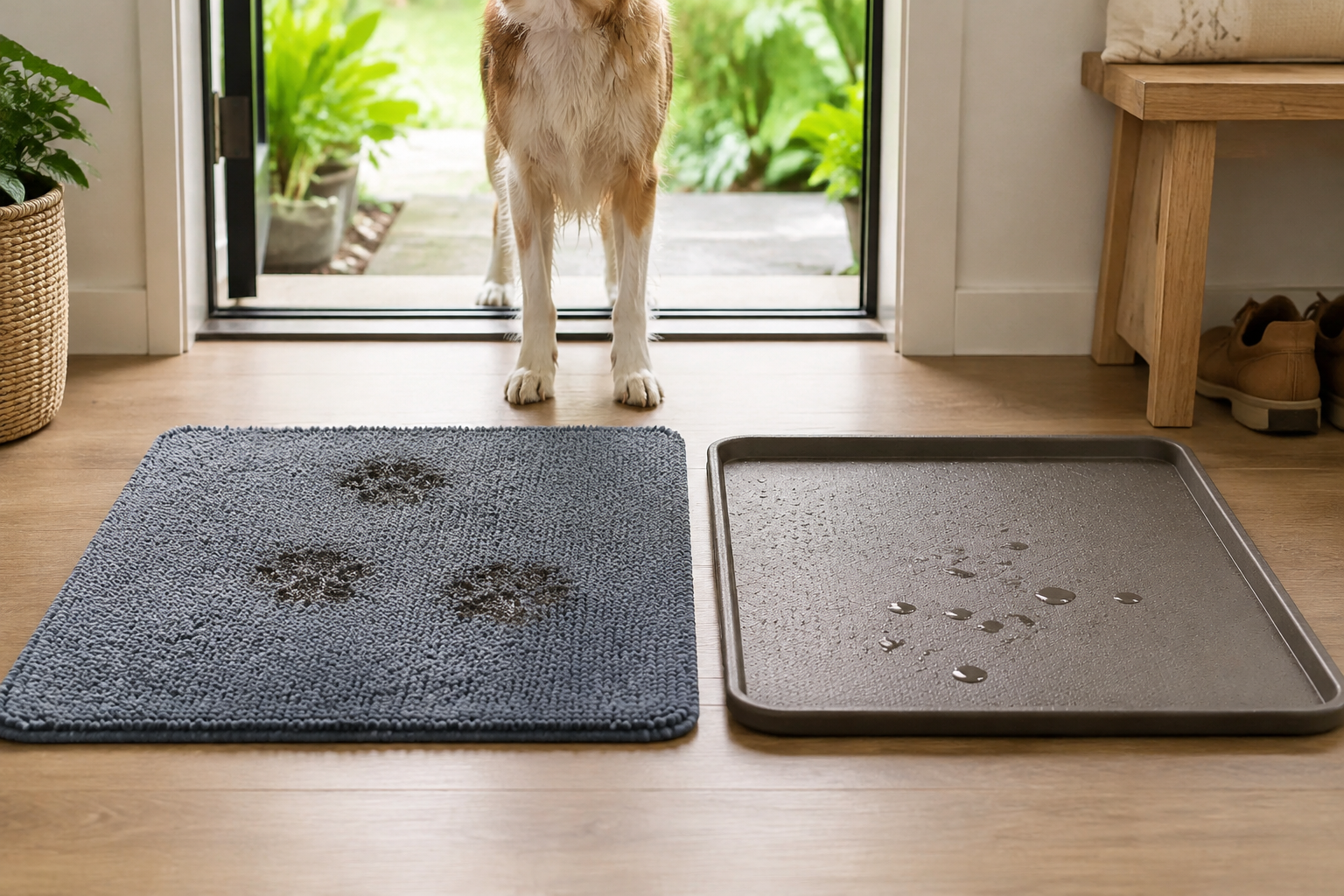 An absorbent blue-gray fabric mat and a waterproof taupe raised-edge mat compared on a hard floor inside a bright doorway near a dog's damp paws
