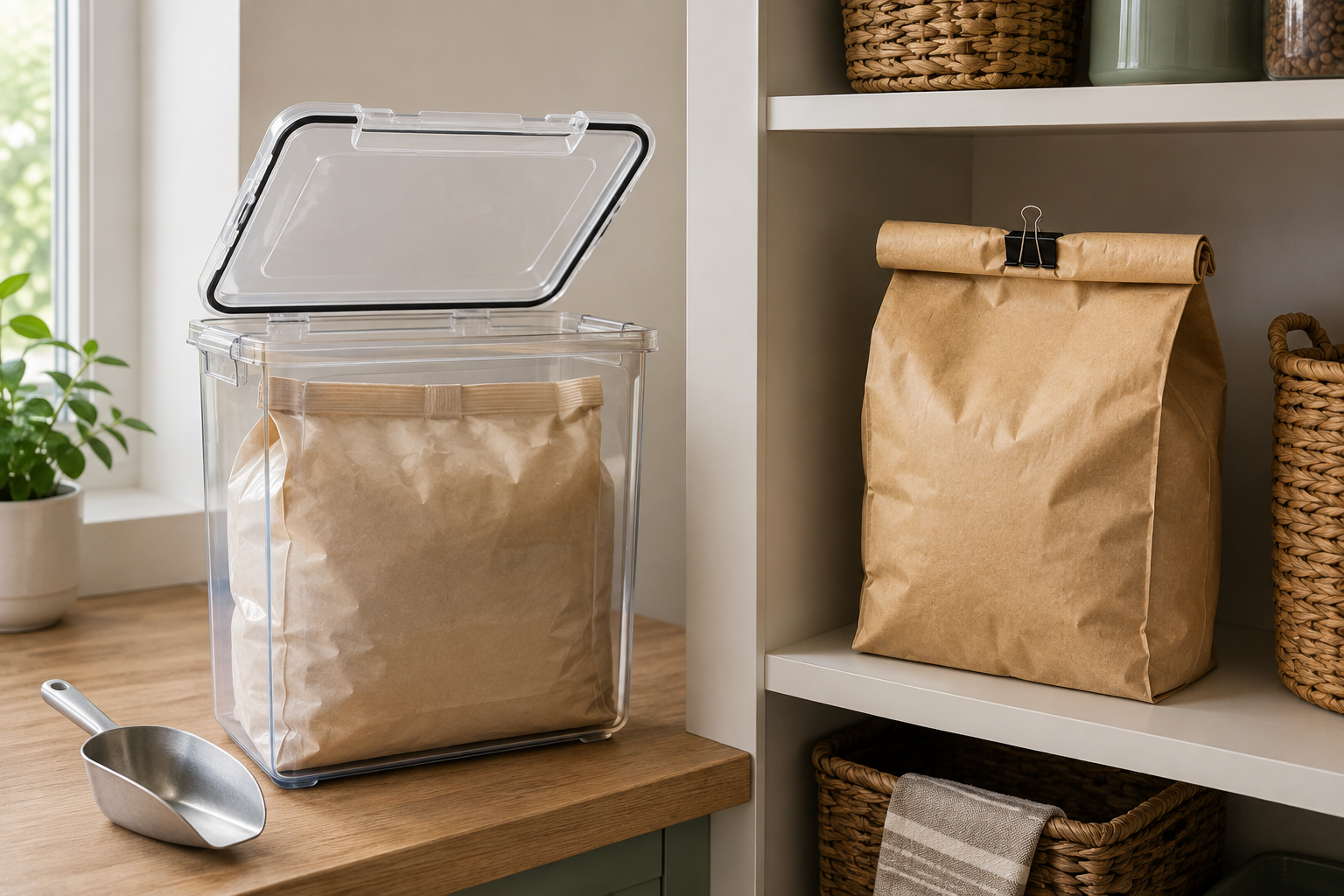 An original dry pet-food bag inside a clear lidded container beside a second clipped original bag on a pantry shelf