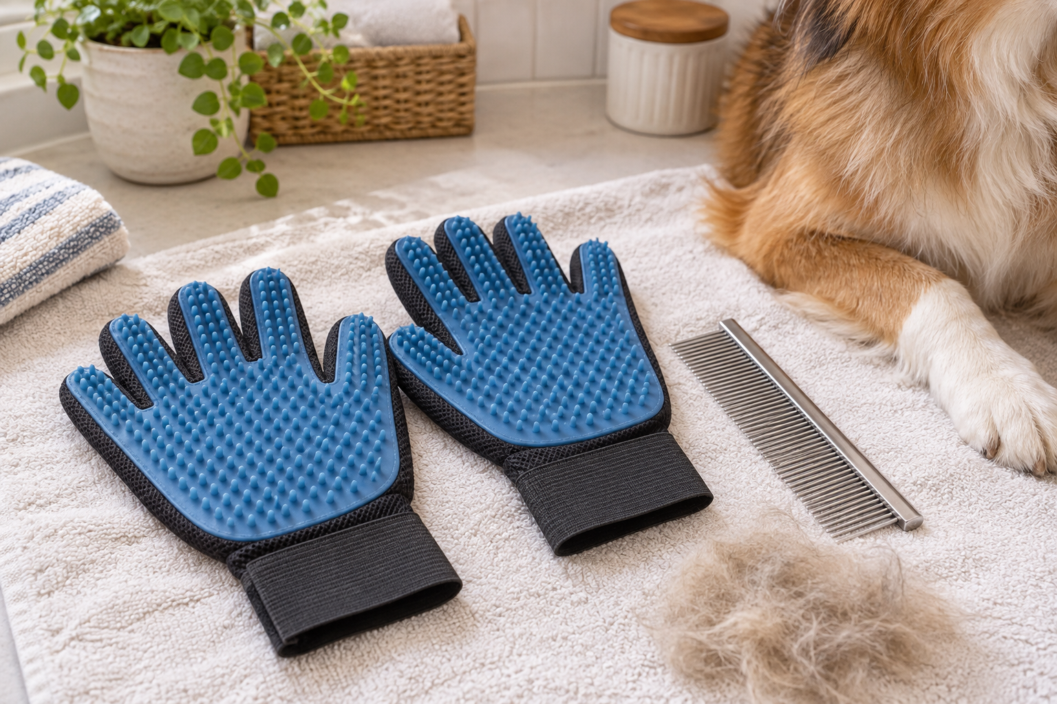Pair of blue silicone-nub grooming gloves on a washable towel beside a metal comb, loose fur, and a calm dog's forelegs