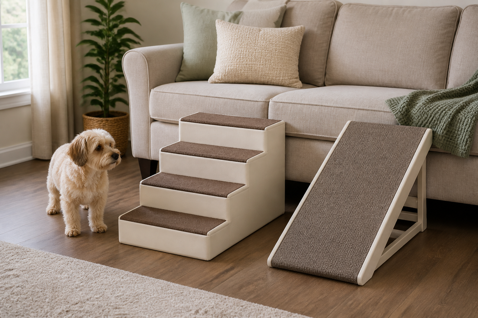 A small dog comparing broad pet steps and a textured ramp positioned beside a medium-height sofa