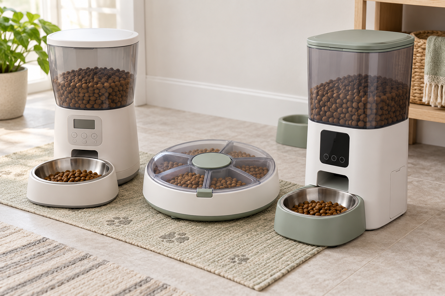 Programmable hopper feeder, covered rotating-tray feeder, and connected hopper feeder arranged in a washable home feeding area