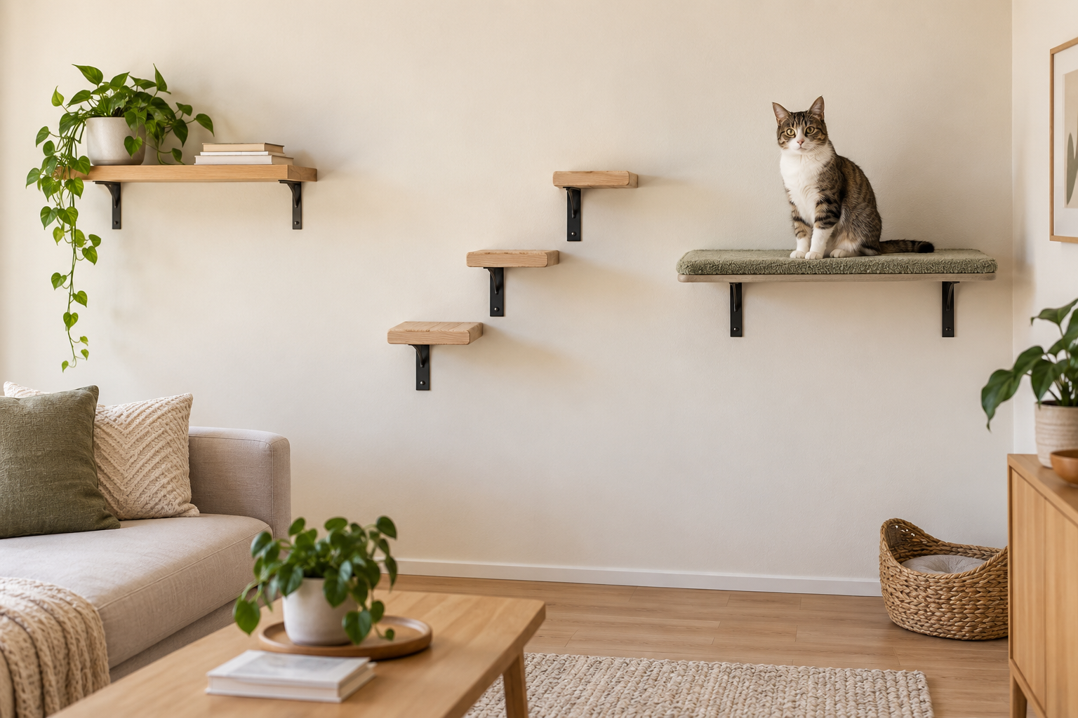 Single wood shelf, three step shelves, and a wide carpeted cat platform securely mounted in a small living room