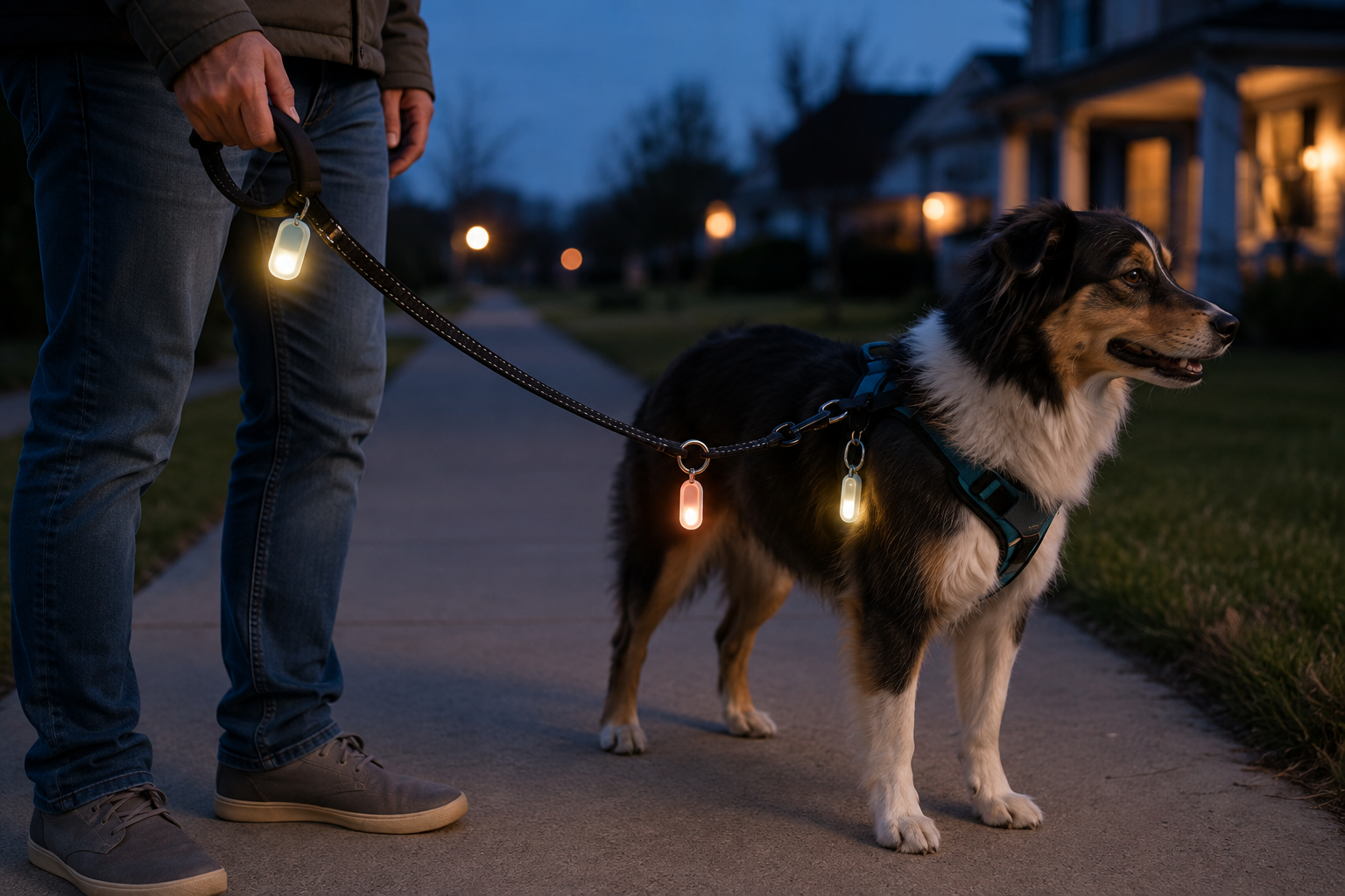 Flat clip, silicone-loop, and carabiner-style visibility lights attached to a dog leash and harness at dusk
