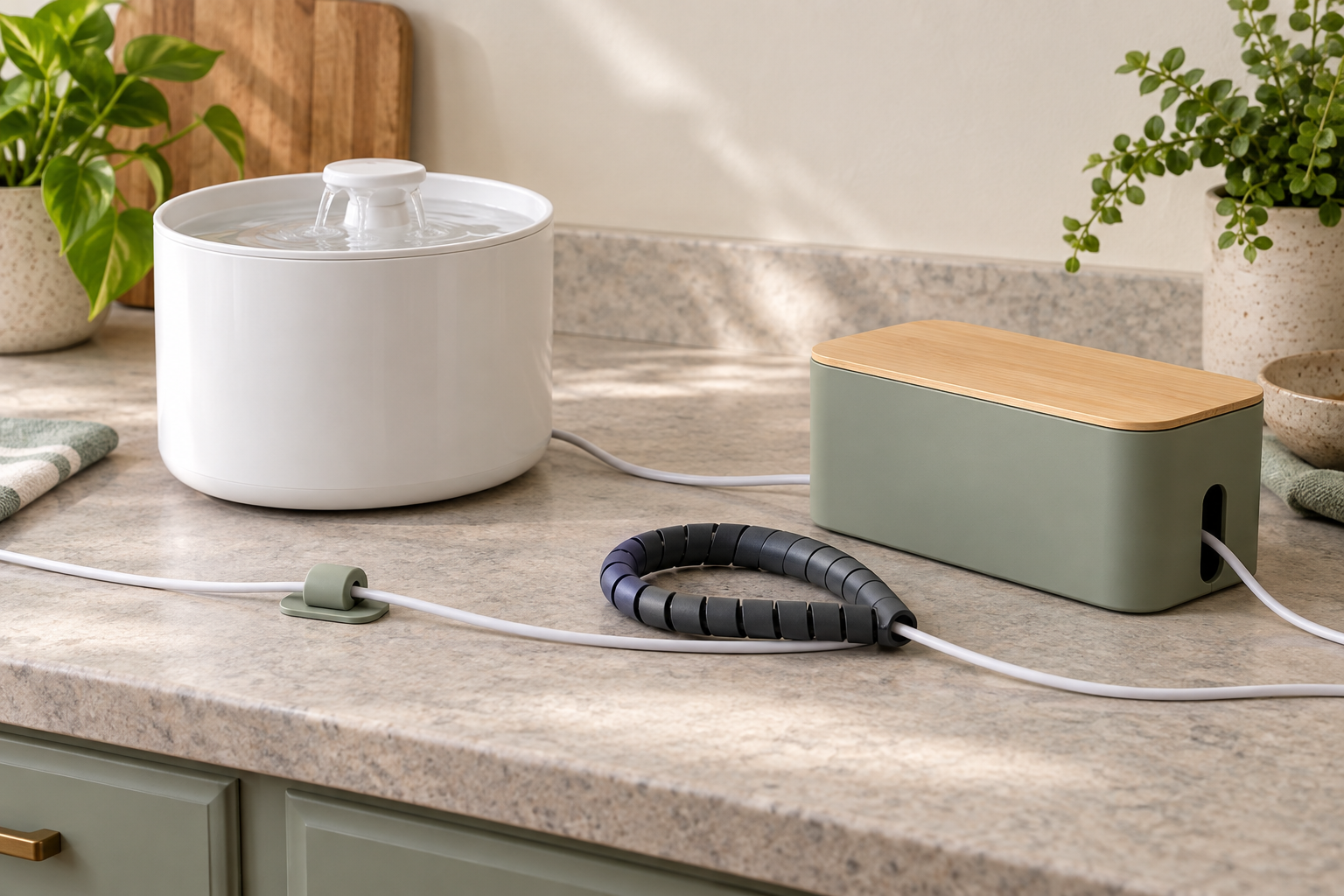 Unbranded low-profile cable clip, flexible cable sleeve, and lidded cable box arranged beside a pet water fountain on a dry counter