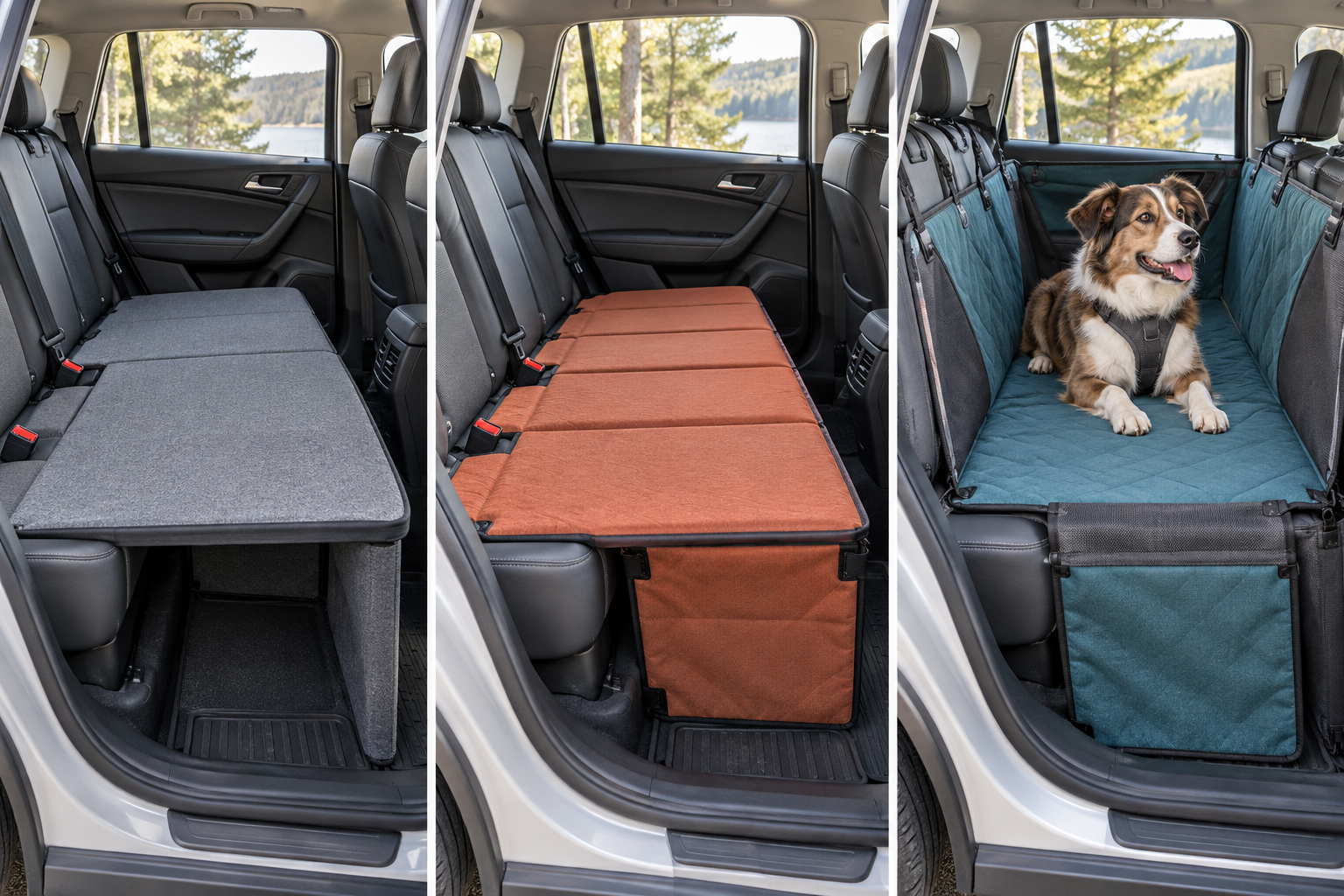 Rigid gray, folding rust, and teal hammock-integrated dog back-seat extender formats installed in parked vehicle rear seats