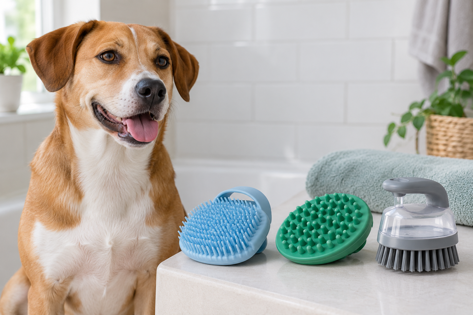 Calm dog beside a blue silicone palm brush, green rubber curry brush, and gray shampoo-dispensing bath brush