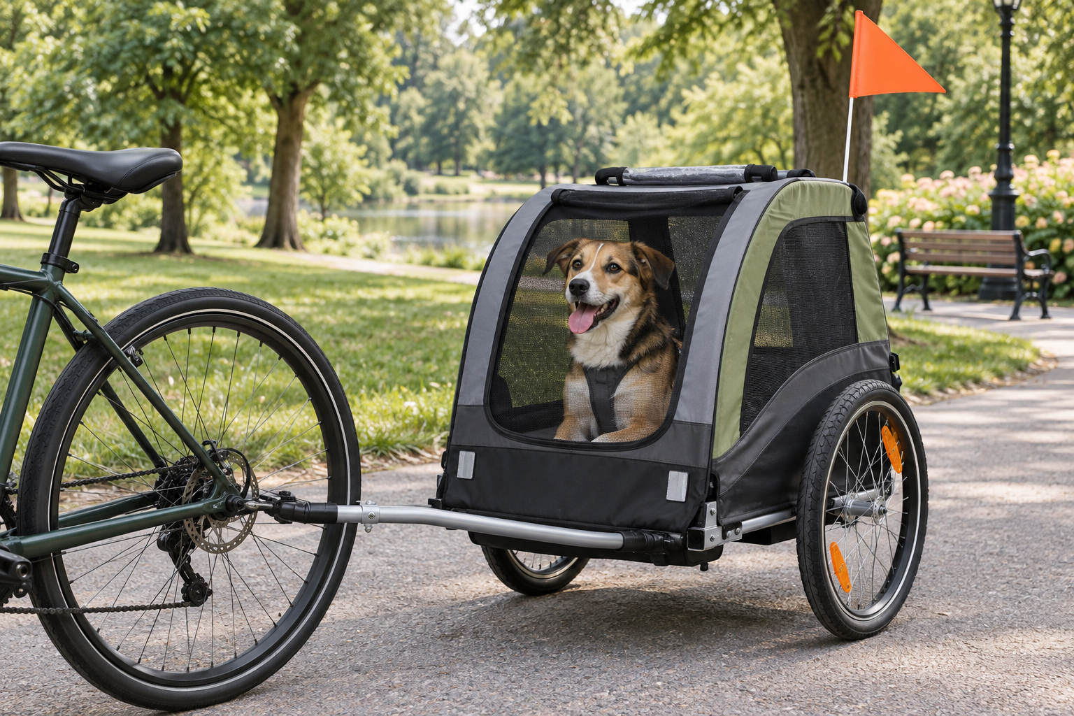 A calm dog seated inside a stationary, ventilated two-wheel bicycle trailer attached by a visible hitch on a paved park path