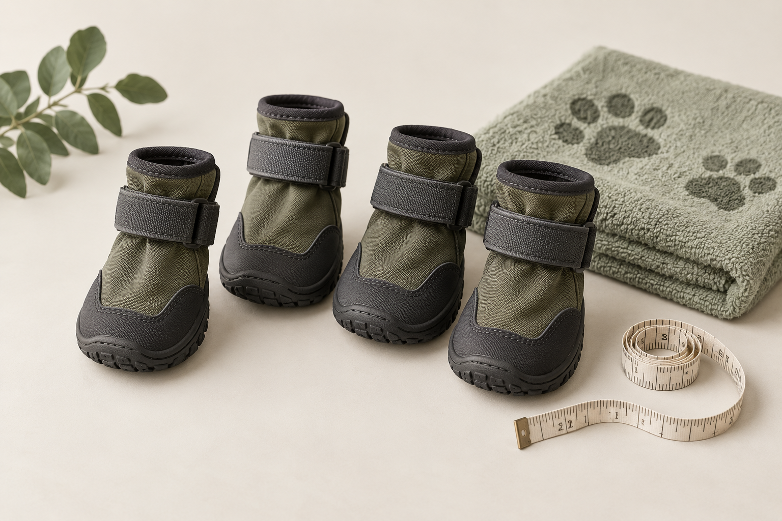 Four flexible dog boots with adjustable closures beside a paw towel and measuring tape for wet-walk preparation