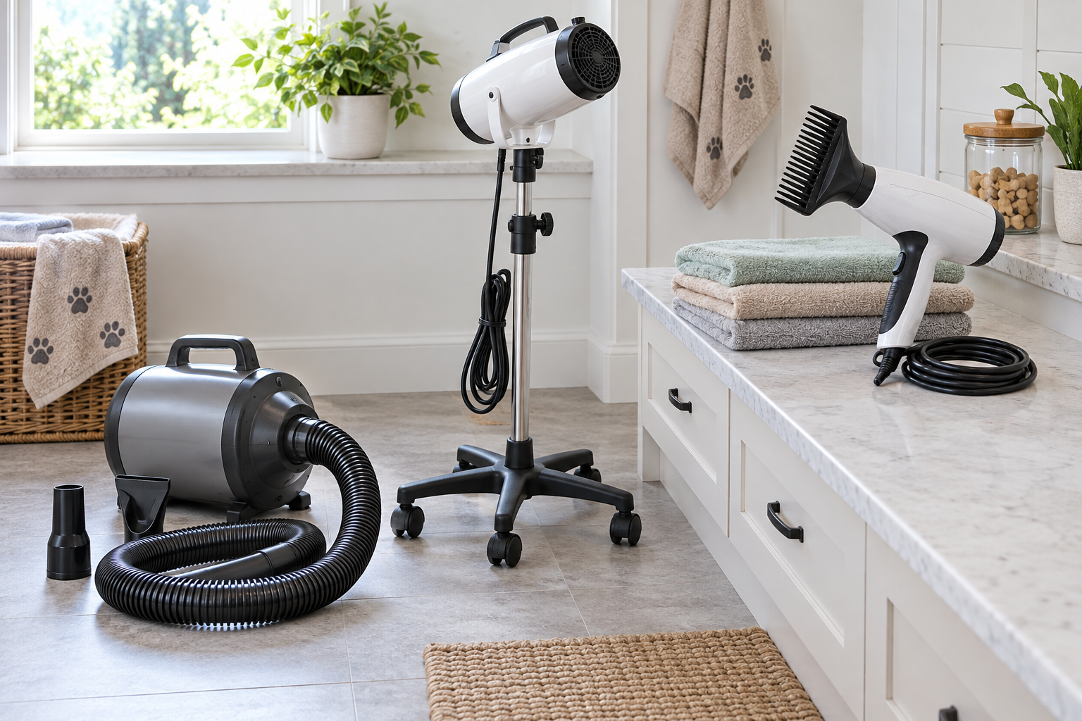 Unbranded compact hose dryer, adjustable stand-mounted dryer, and handheld comb-nozzle dryer displayed unplugged in a bright pet bath area