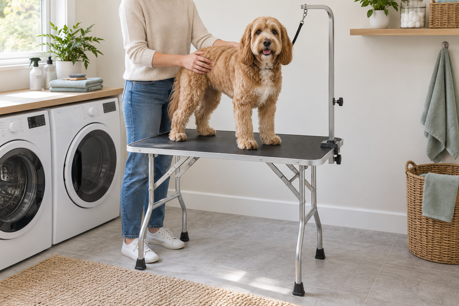 Compact folding dog grooming table with nonslip top, rubber feet, and grooming arm in a bright small-home laundry area