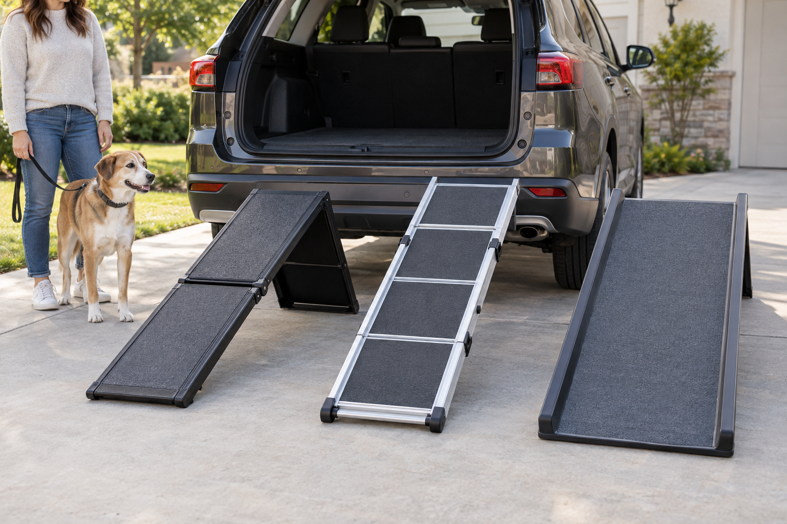 Bi-fold, telescoping, and wide-panel portable dog ramps arranged behind a stationary SUV while a calm dog waits beside its owner