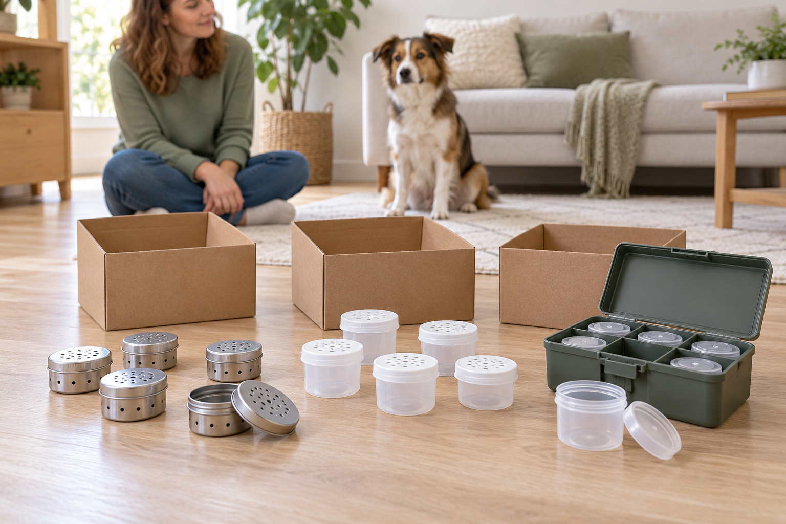 Unbranded perforated metal hide tins, vented plastic scent vessels, and a lidded storage kit arranged beside empty search boxes in a clear living room