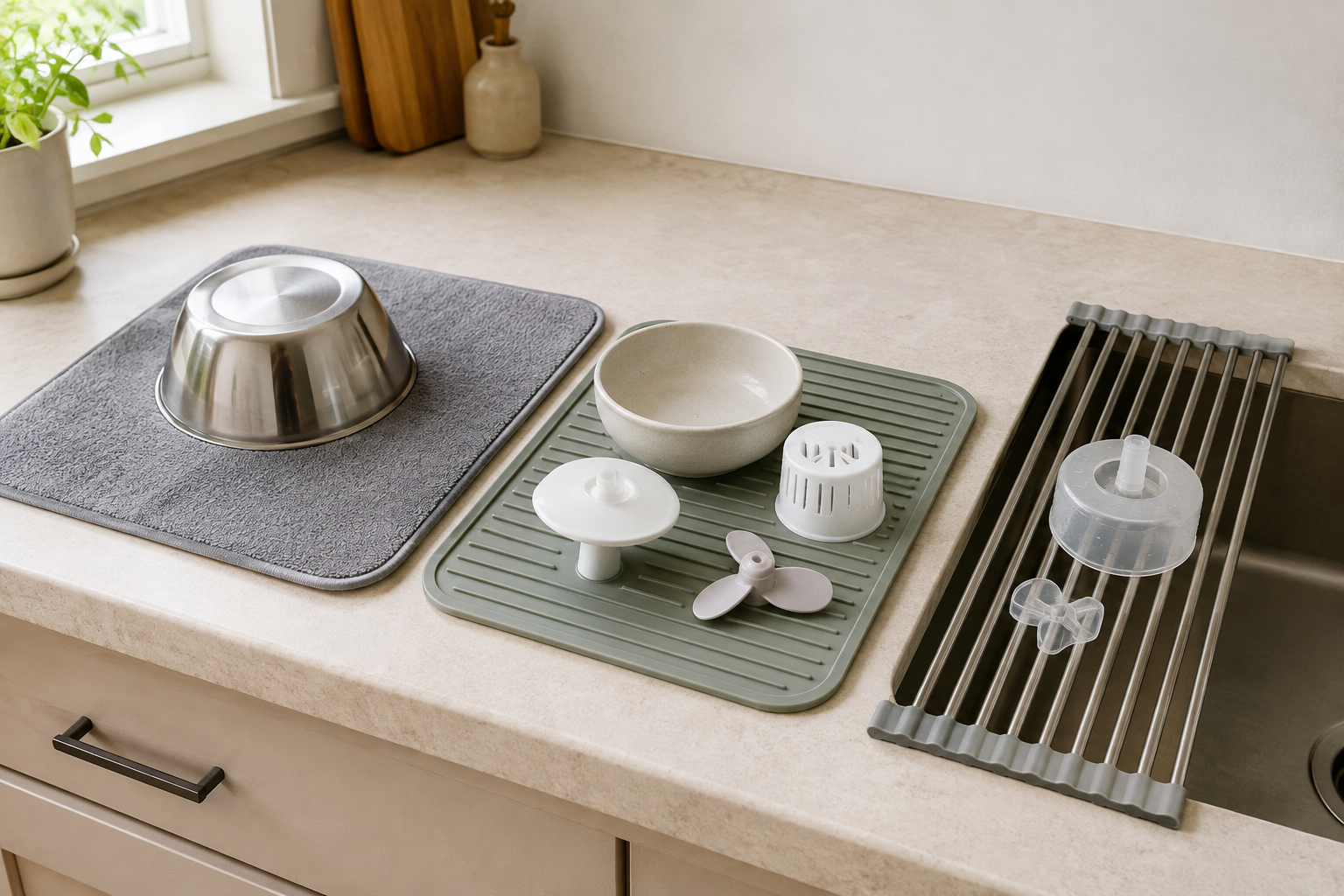 Absorbent fabric mat, ribbed silicone mat, and roll-up sink rack holding washed pet bowls and separated fountain parts