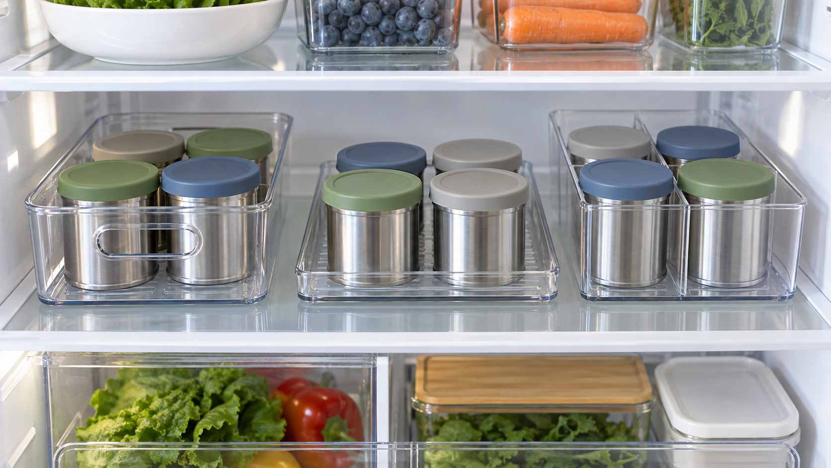 Covered pet food cans arranged upright in a handled clear bin, a low lipped tray, and a divided refrigerator organizer.