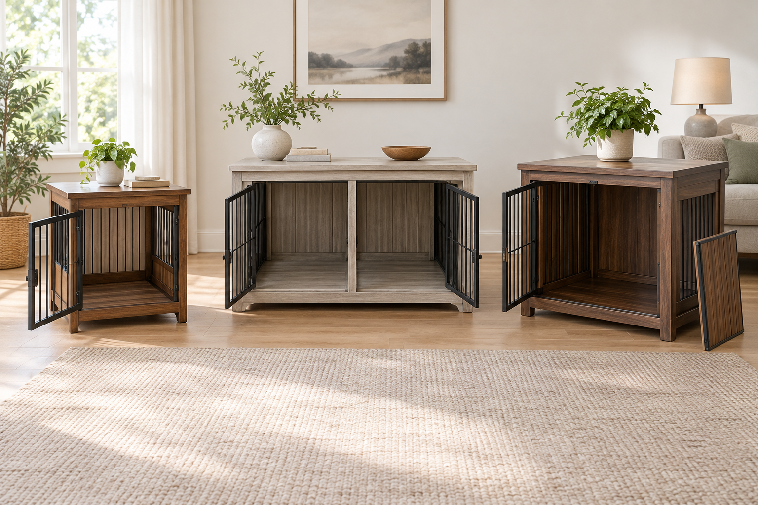 Compact end-table, low console, and divider-equipped furniture-style dog crates standing empty with their doors open in a bright small living room