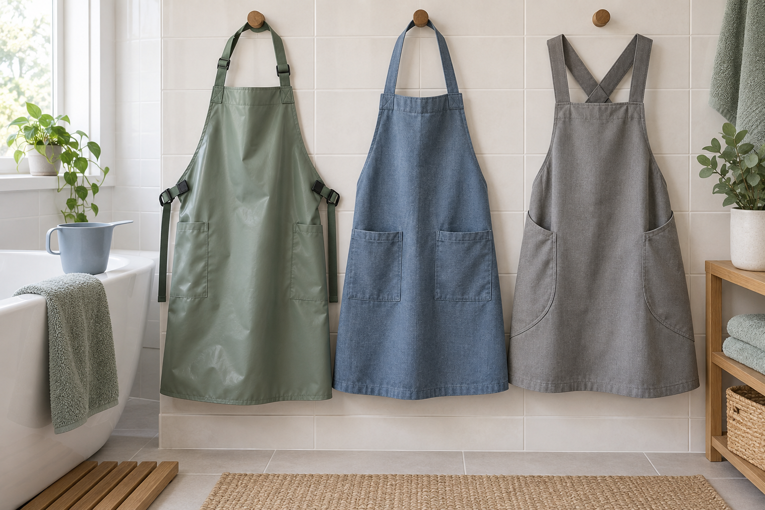 Full-coverage sage apron, blue washable fabric apron, and gray cross-back apron hanging beside a dry bathtub