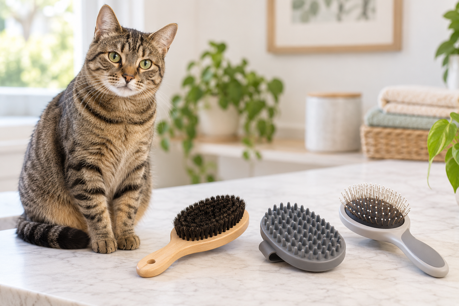 Short-haired tabby cat beside generic soft bristle, flexible rubber curry, and rounded-tip pin brushes