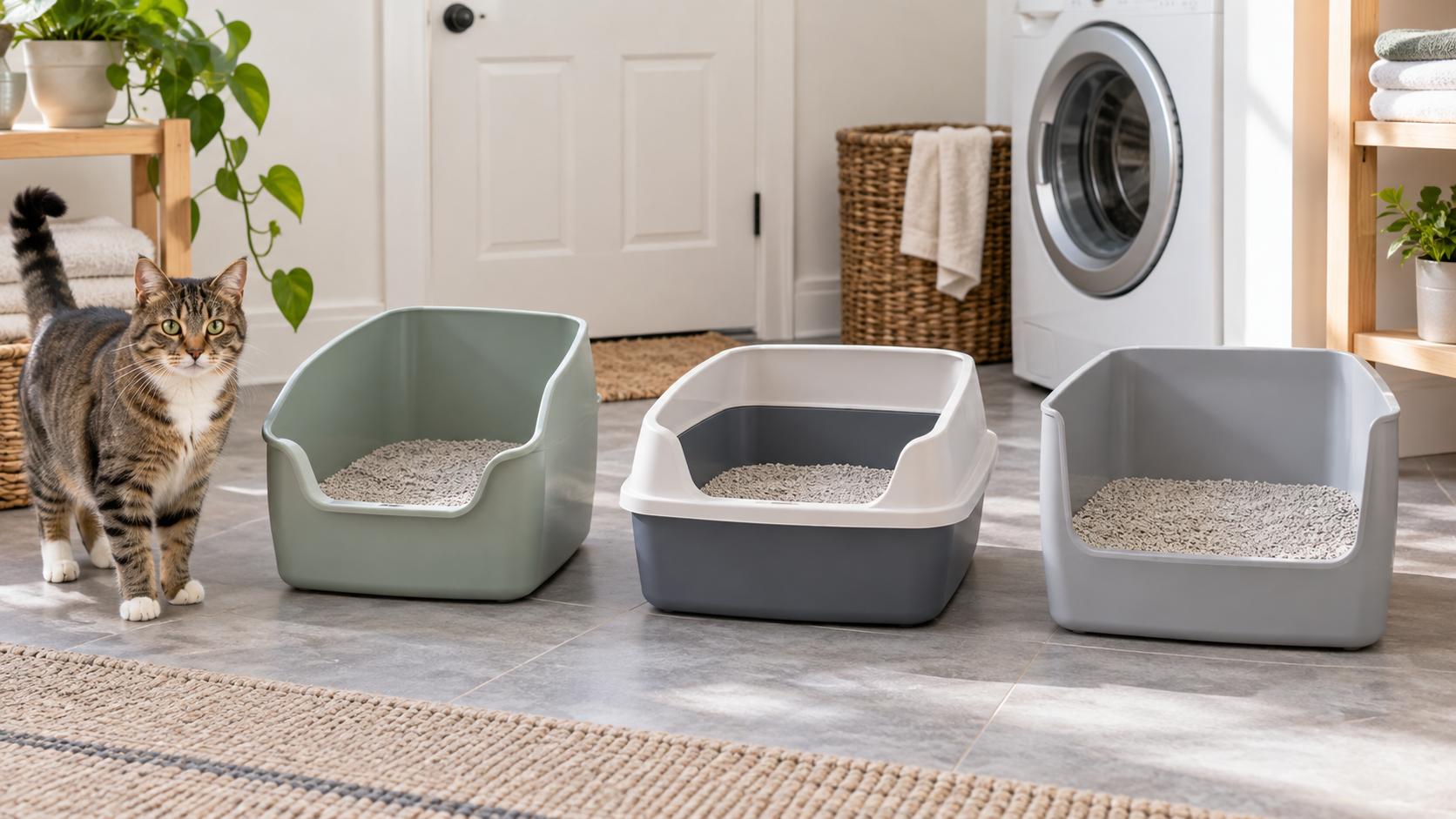 Three open high-sided litter box formats with lowered entries arranged beside an adult cat for scale