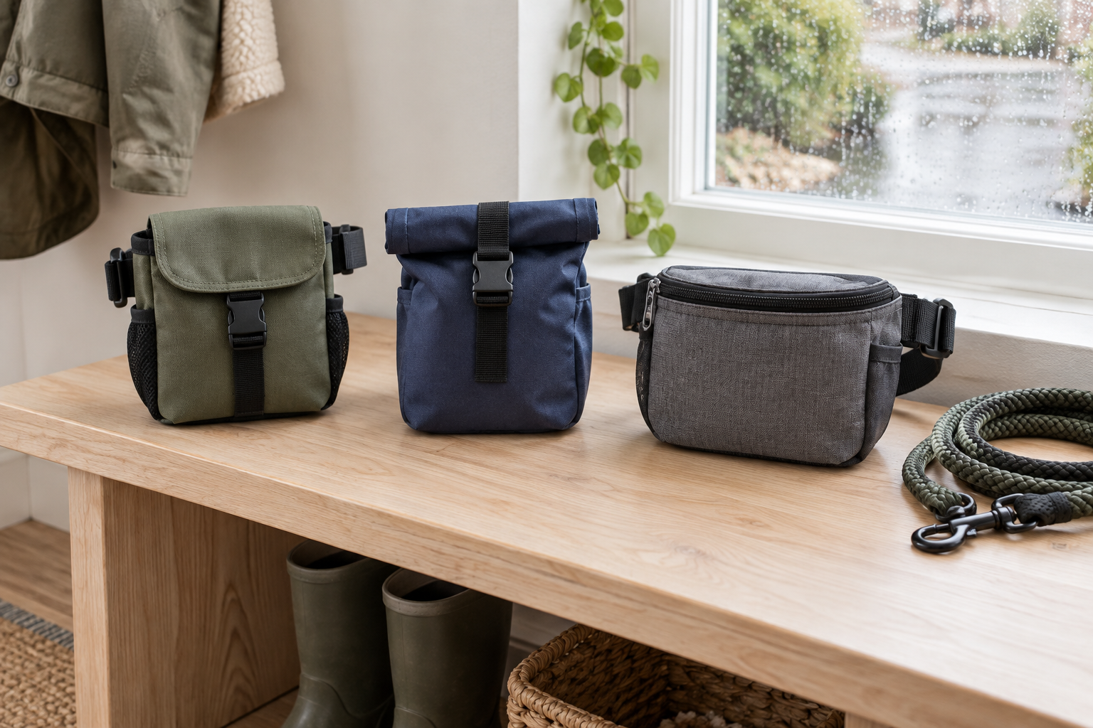Three treat pouch formats arranged for comparing closures and quick reward access on supervised walks