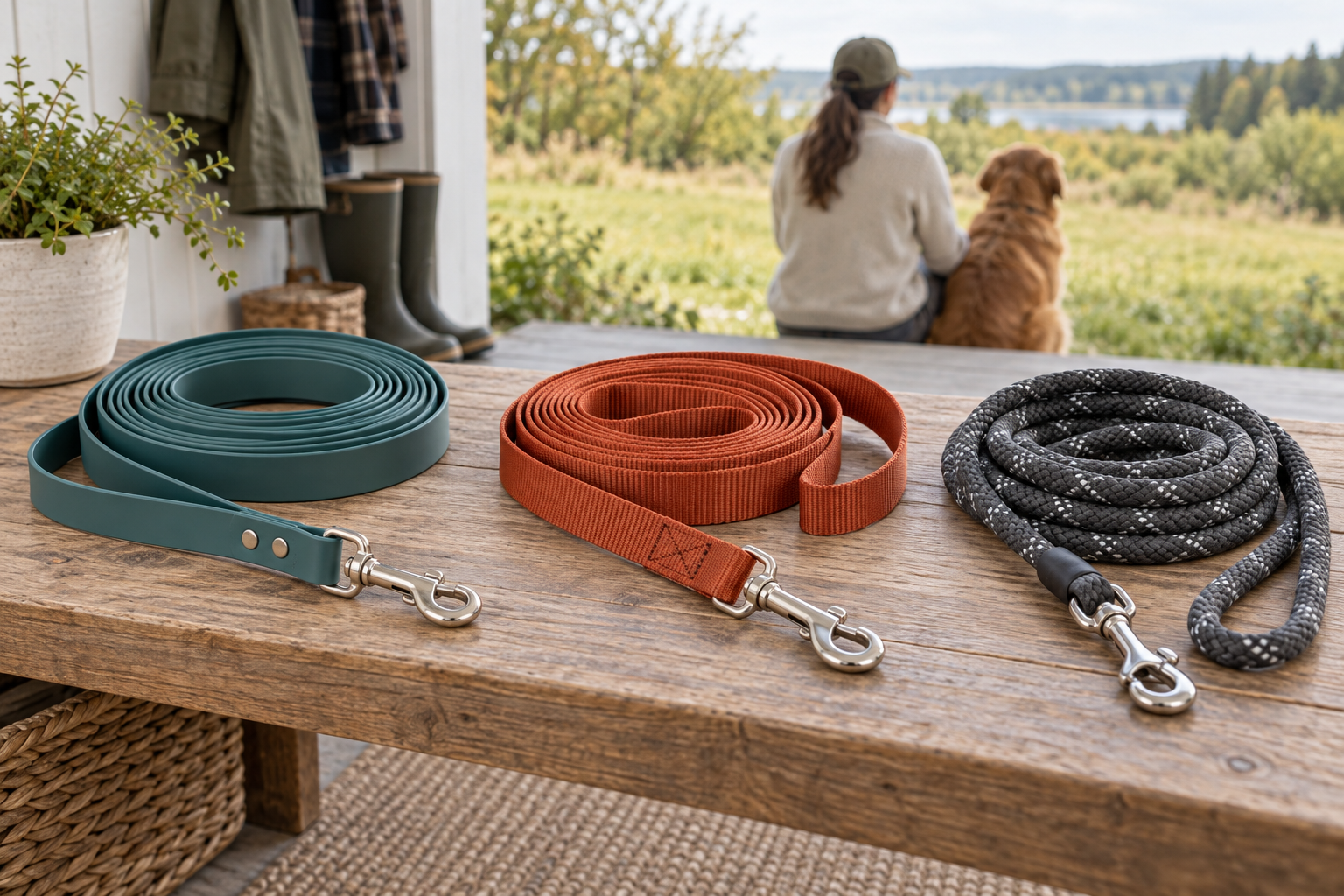 Teal coated strap, rust woven webbing, and charcoal round rope dog long lines arranged in separate coils with their clips visible