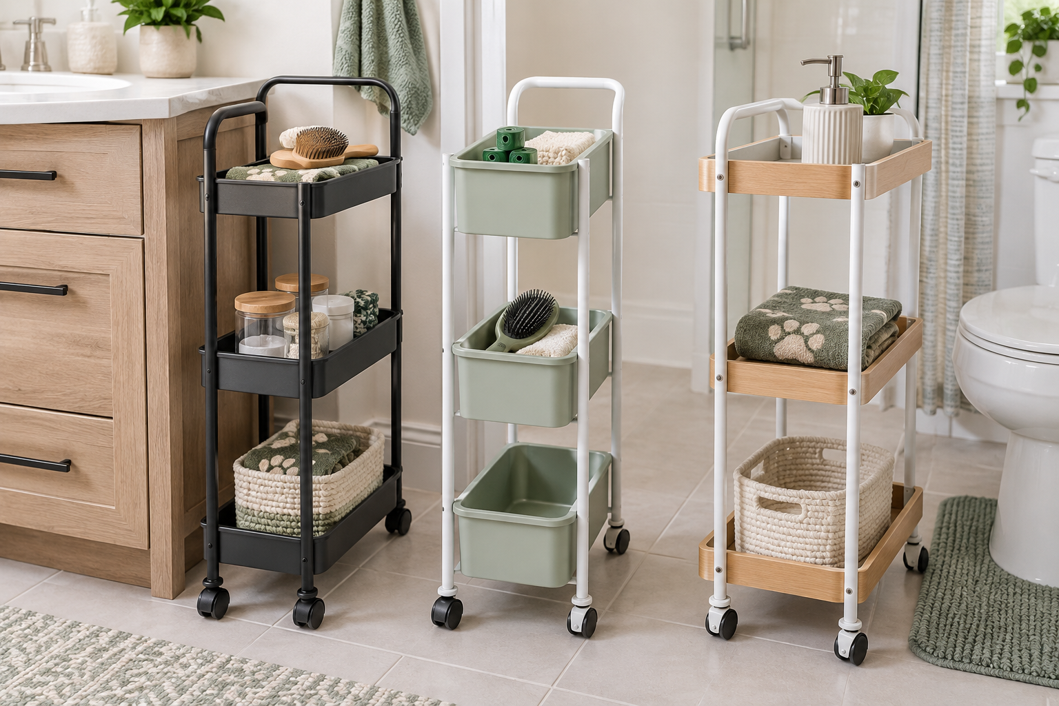 Black open-tier cart, sage removable-bin cart, and wood-tone tray-top cart in a compact bathroom