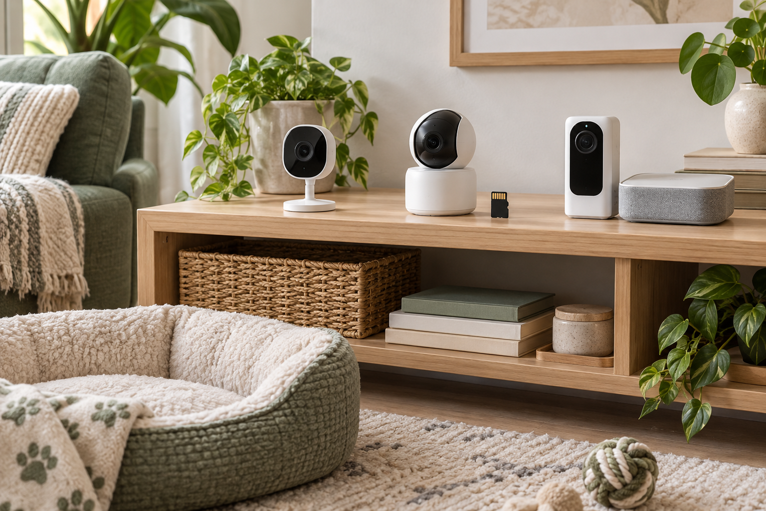 Three generic indoor pet camera formats beside a pet bed, including a microSD card and local storage hub