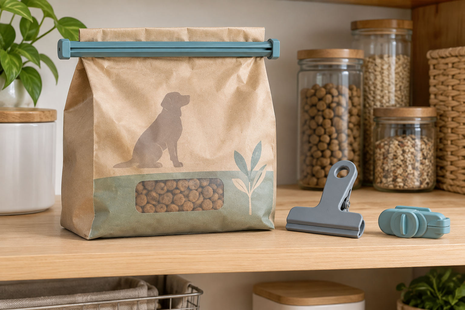 A wide sliding seal clip fitted across a folded original pet-food bag with spring clamp and twist-lock clip alternatives beside it