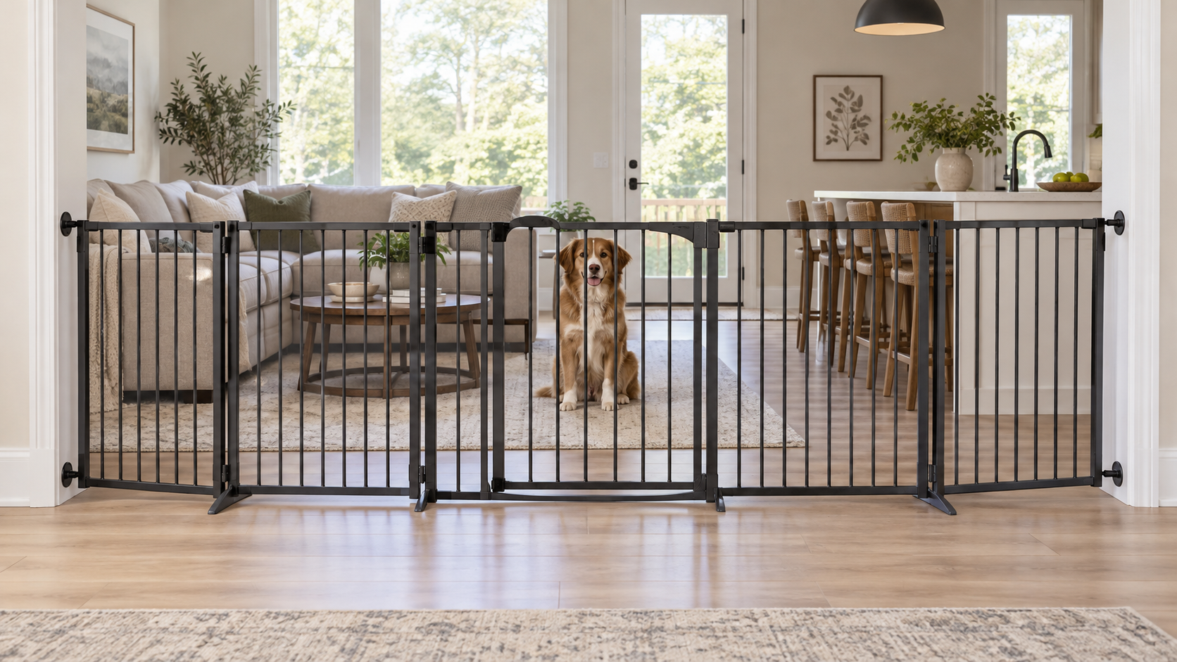 A multi-panel metal pet gate spanning a wide opening between a living room and kitchen, with a dog sitting behind it