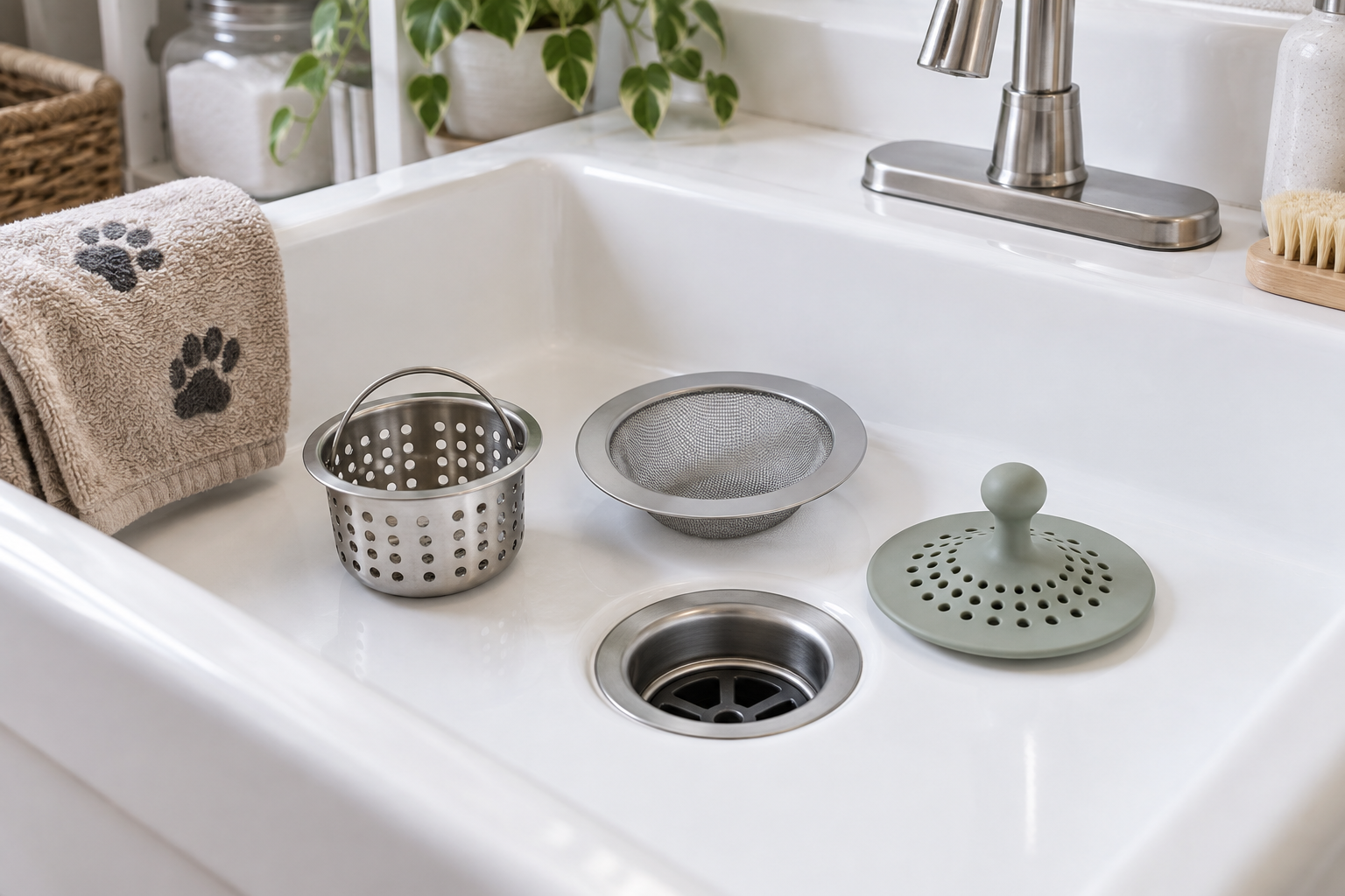 Stainless-steel basket, fine-mesh screen, and flexible silicone drain catcher arranged in a clean utility sink beside a folded pet towel