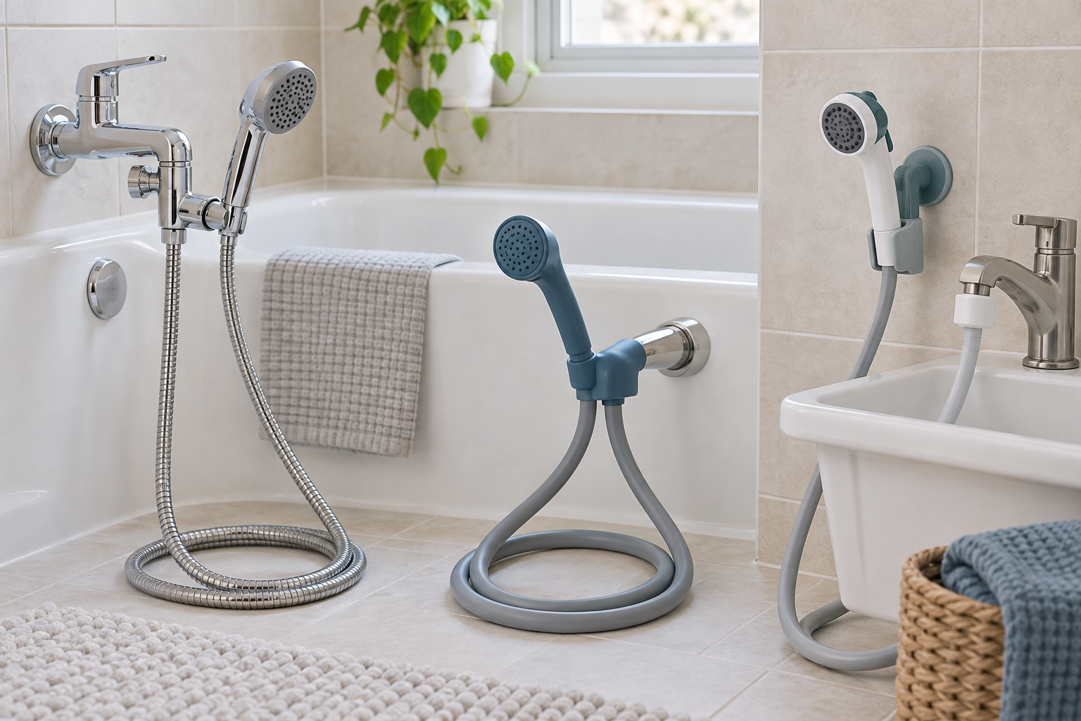 Threaded diverter sprayer, slip-on faucet hose, and utility-sink sprayer beside compact white wash fixtures