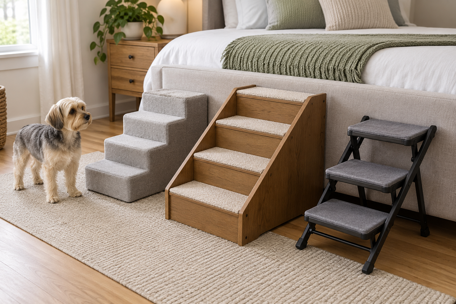 Narrow foam, deep-tread rigid, and foldable pet stairs beside a tall bed in a compact bedroom while a small dog waits on the floor