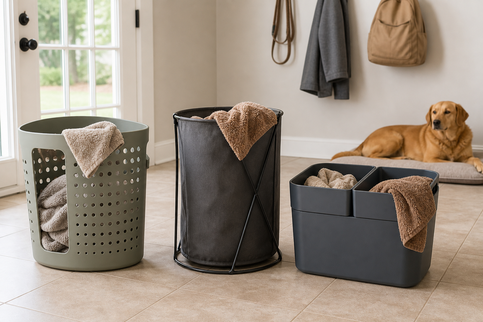Ventilated rigid hamper, framed washable laundry bag, and divided wipe-clean basket holding pet towels in a bright mudroom