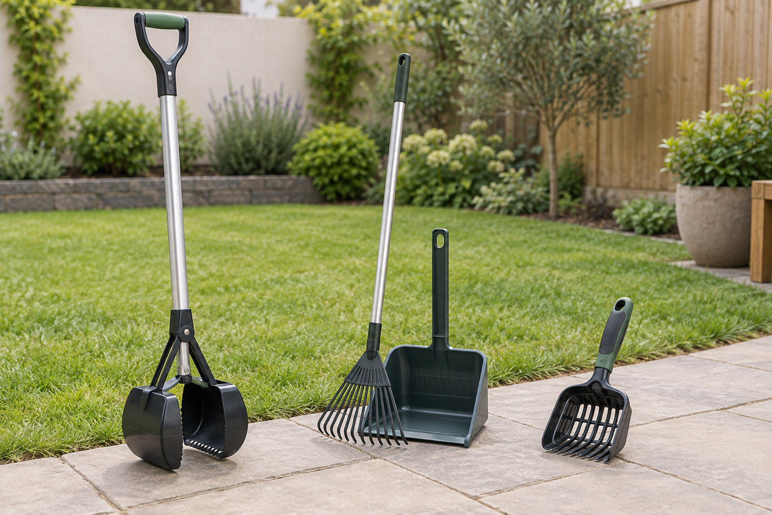 Jaw-style long-handle scooper, compact rake-and-tray set, and short-handled claw scoop beside lawn and patio in a small yard