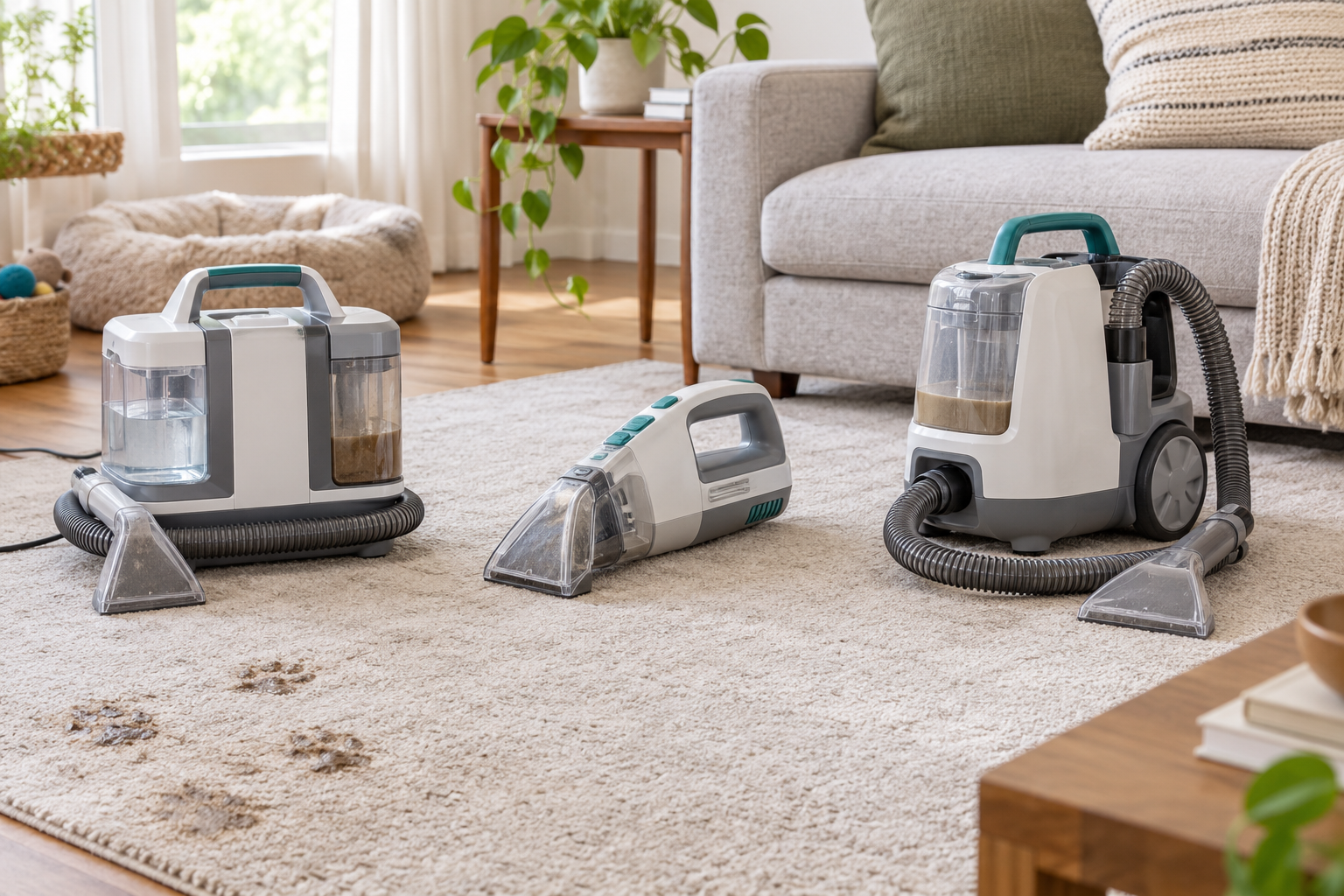 Compact corded spot extractor, cordless handheld extractor, and compact wheeled hose extractor arranged on a light rug beside a sofa