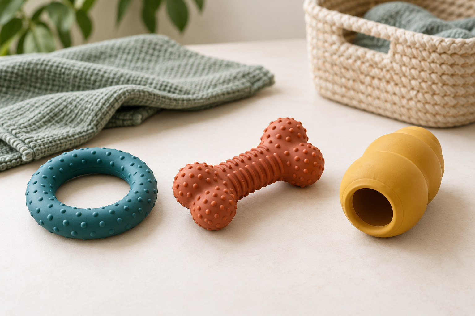 A generic flexible rubber ring, textured rubber bone-shaped toy, and hollow fillable rubber puppy toy arranged on a clean tabletop