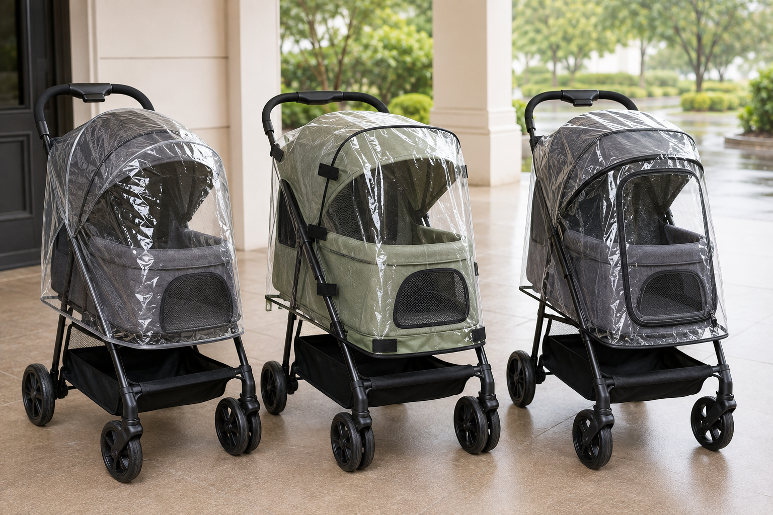 Maker-specific close-fit cover, tab-attached universal cover, and zip-front universal cover fitted over three compact pet strollers