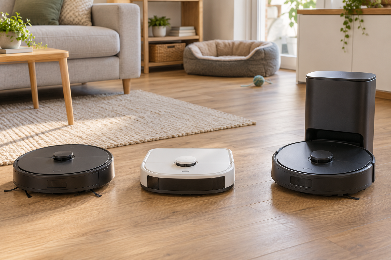 Low-profile round, D-shaped edge-focused, and self-empty dock robot-vacuum formats on hard flooring beside a low-pile rug in a small pet-friendly living room