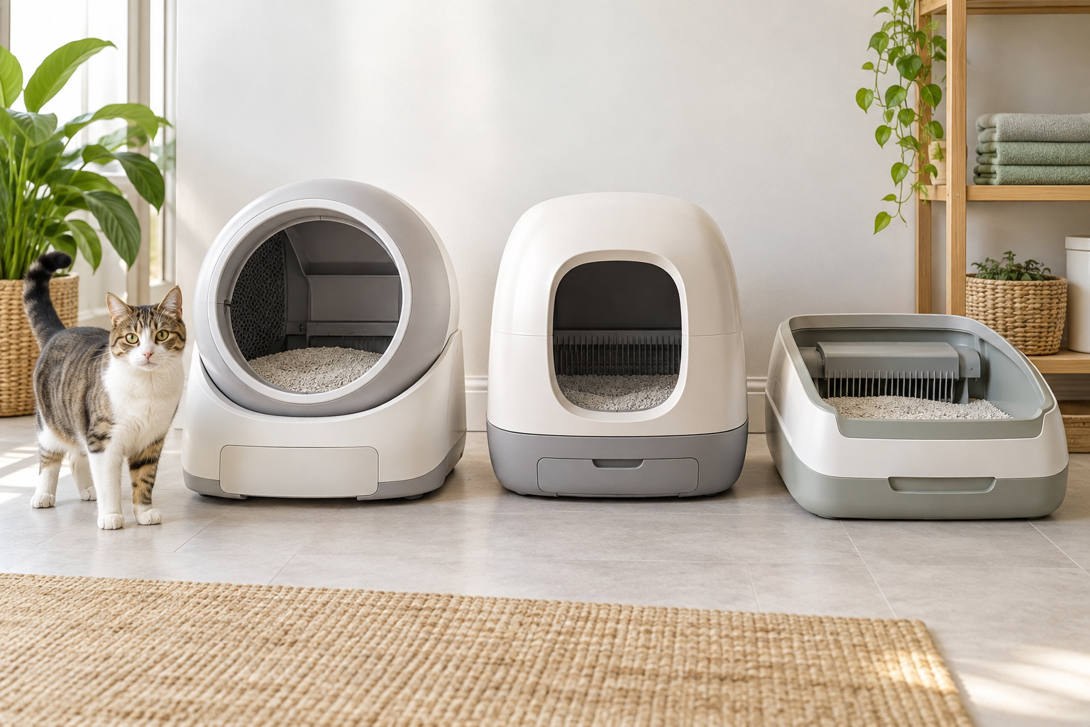 Adult tabby cat standing beside generic open-drum, enclosed-drum, and open raking-tray self-cleaning litter boxes