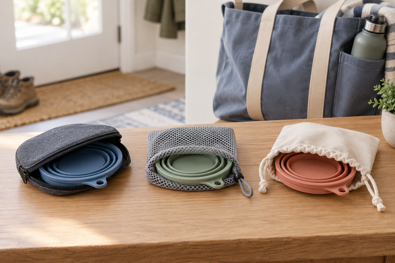 Zippered, ventilated mesh, and drawstring storage sleeves each holding a clean, dry folded collapsible pet bowl