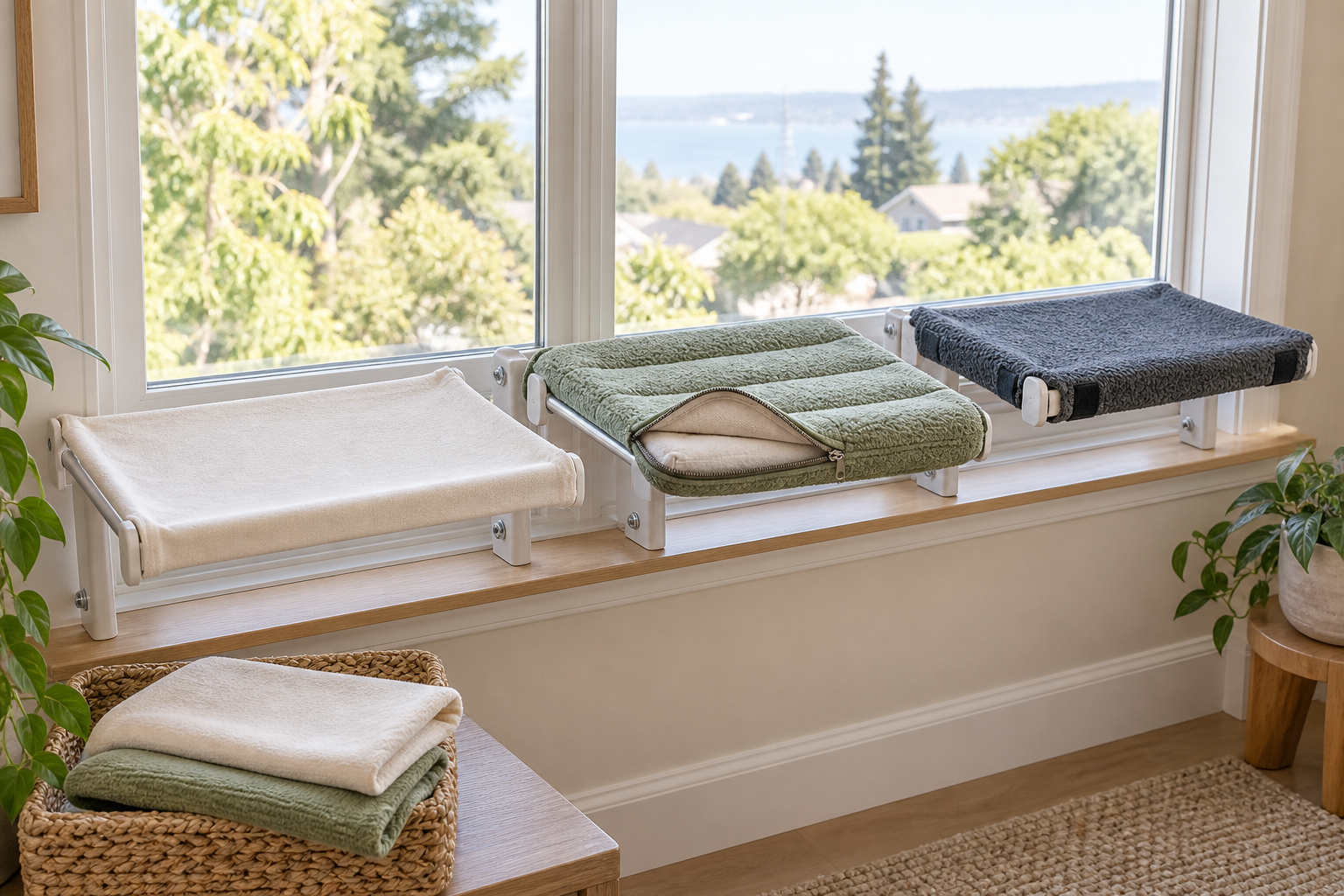 Three unbranded cat window perch frames with a taut sleeve cover, padded zippered cover, and tab-fastened washable cover beside folded spares