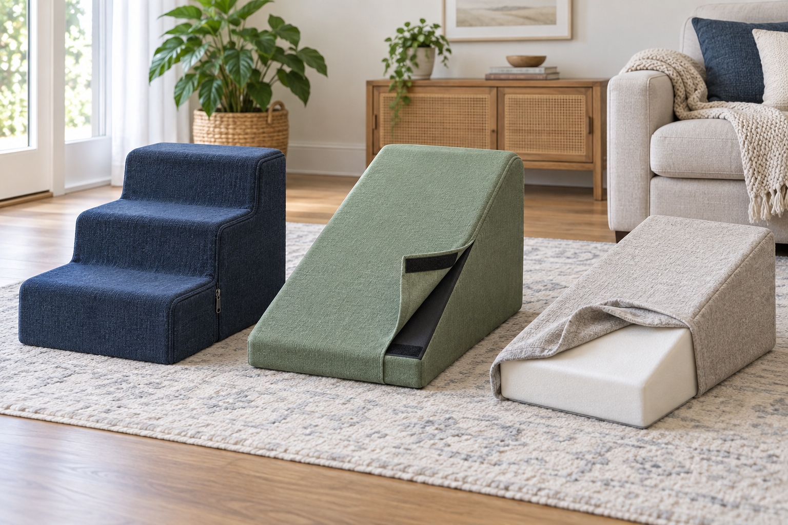 Navy fitted cover on pet steps, sage wraparound cover on a short ramp, and oatmeal sleeve partly removed from a separate foam ramp