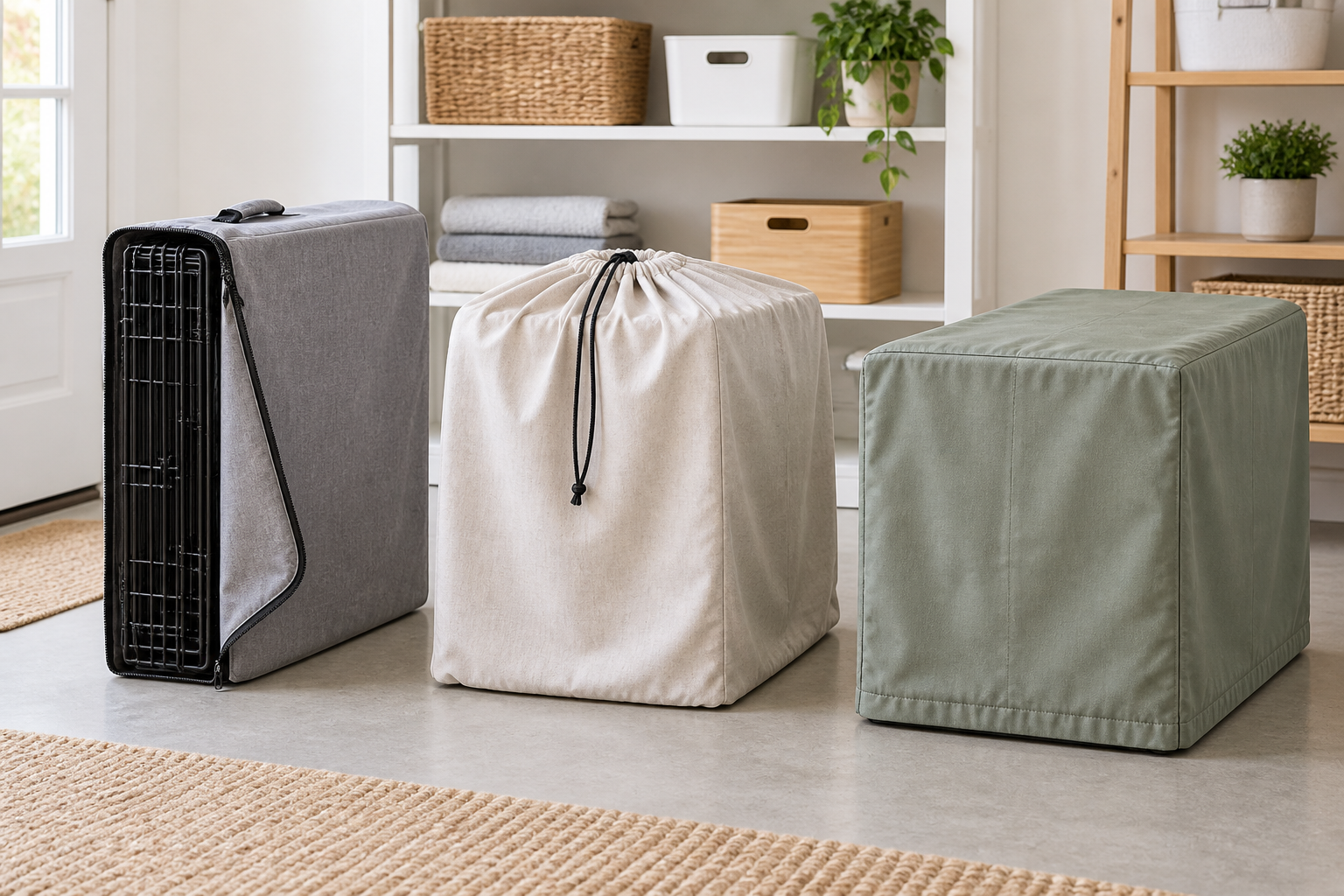 Three washable dust-cover formats—zippered, drawstring, and fitted—beside an empty folded wire pet crate in a clean dry storage room