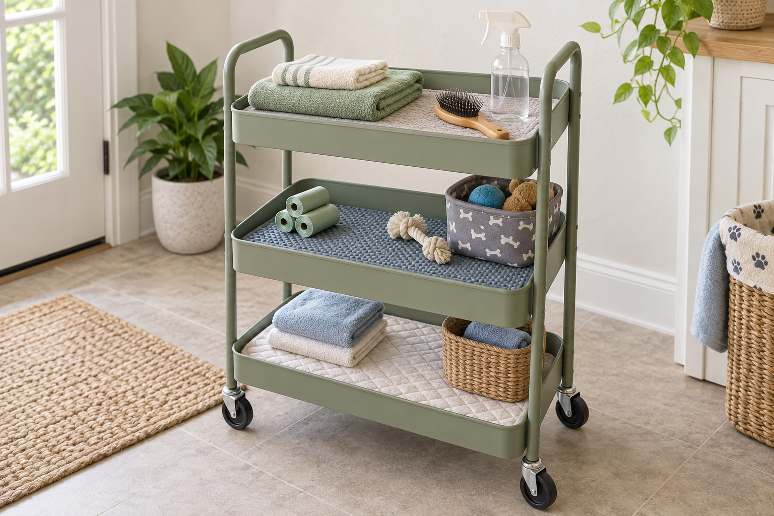 Fitted fabric, textured trim-to-fit, and quilted absorbent washable pads lining three shelves of a rolling pet-supply cart