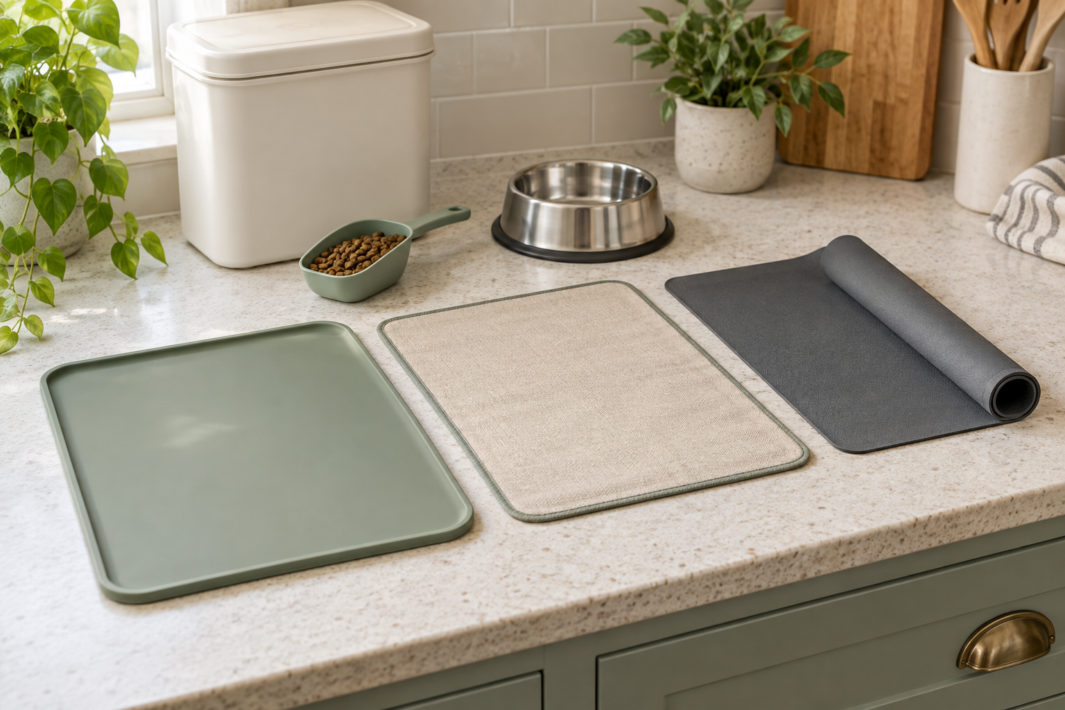 Raised-edge silicone, flat washable fabric, and roll-up pet food prep mats arranged on a compact kitchen counter