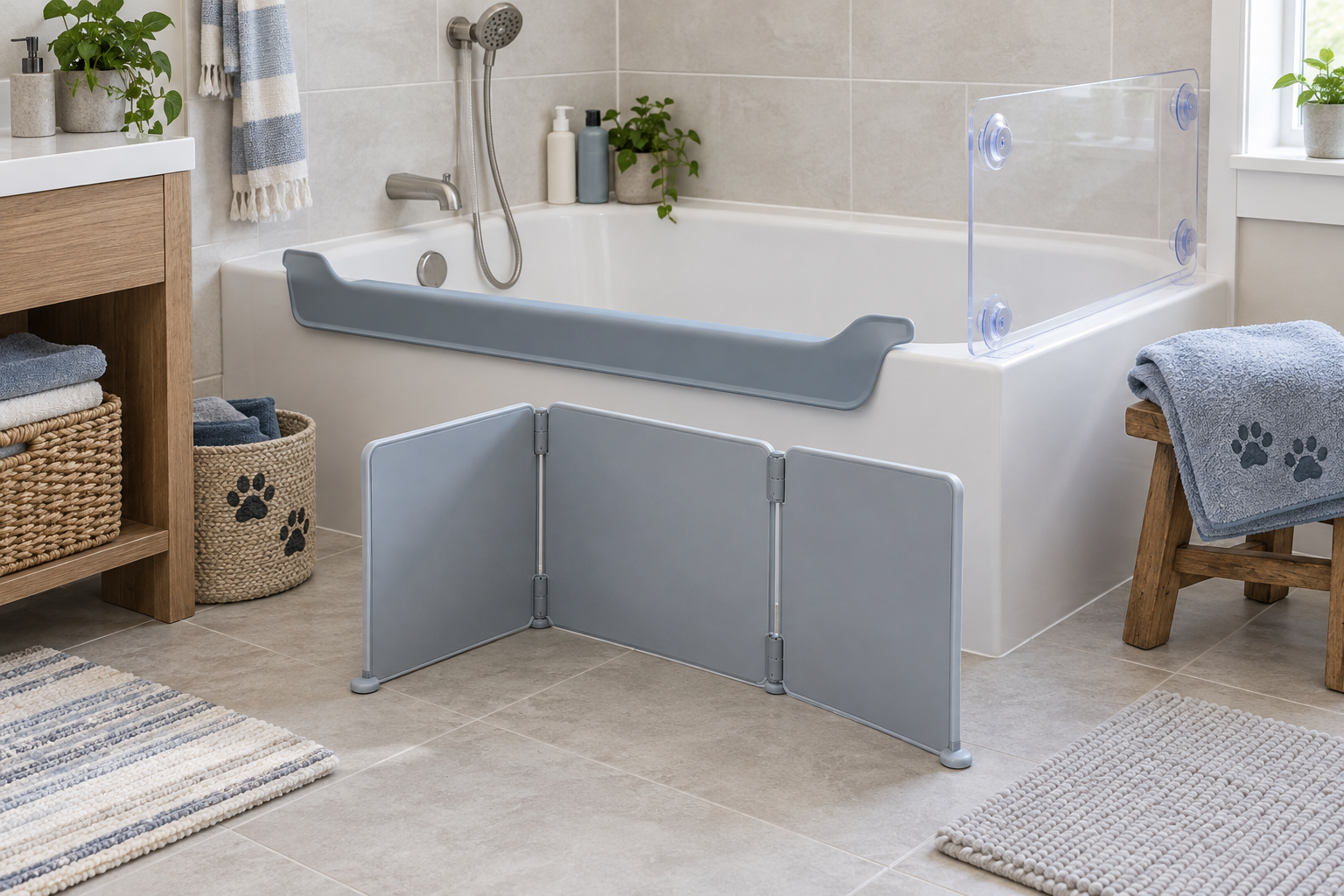 Low tub-edge guard, foldable three-panel shield, and clear suction-mounted splash panel arranged around a clean home bathtub