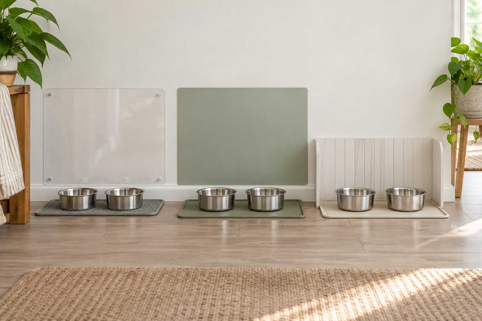 Clear removable panel, muted-sage wipe-clean film, and freestanding low wall guard behind stainless-steel pet bowls