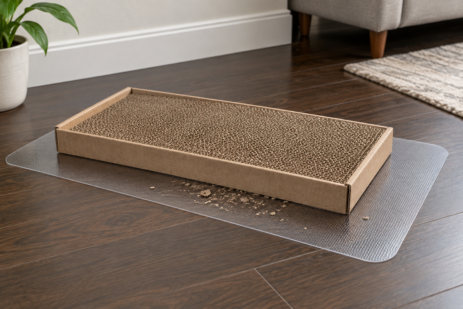 Thin clear textured floor protector extending around a tray-style cardboard cat scratcher on dark wood
