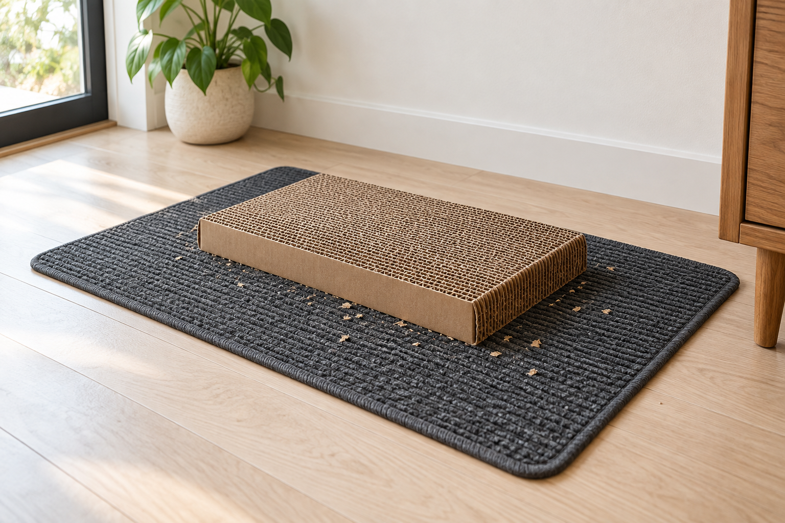 A charcoal ribbed debris-catching mat extending beyond a horizontal cardboard cat scratcher on a pale sealed wood floor