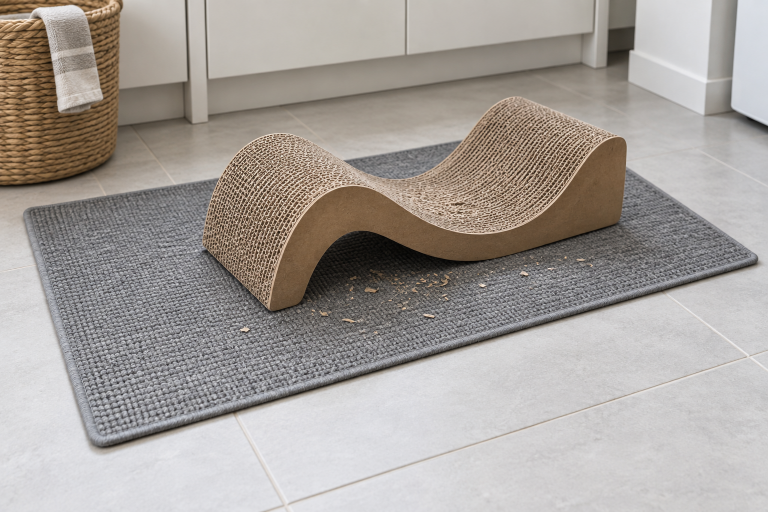 Gray washable flat-weave mat beneath a curved cardboard scratcher on tile