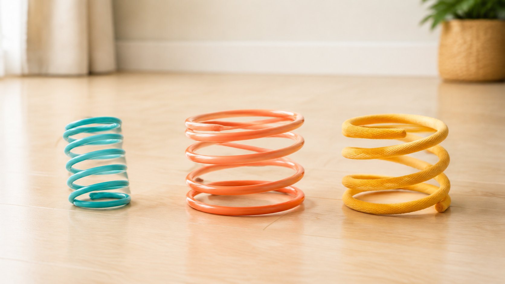 A narrow plastic spring, wide plastic spring, and fabric-covered coil arranged on a pale hard floor for comparison